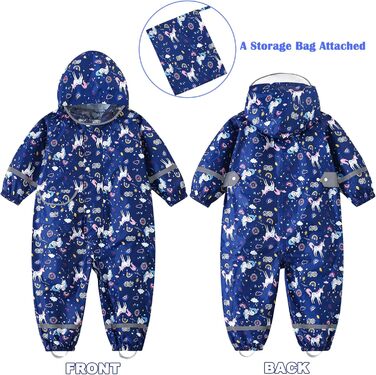 Дощовик Fewlby для дівчаток, водонепроникна куртка, цільний плащ з капюшоном, багаторазові штани для бруду, синій єдиноріг, вік 2-5 років