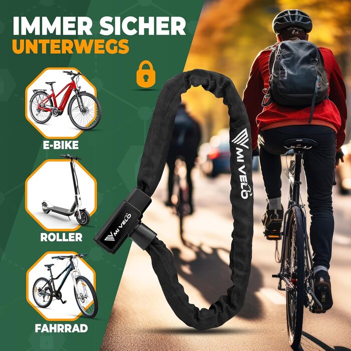 Ланцюговий замок для велосипеда MIVELO із загартованої сталі - довжина 85 см I Велосипедний замок - Ланцюгові замки високої безпеки I Квадратний ланцюг 8 мм - Блокування колеса велосипеда, електровелосипеда та електросамоката (з ключем) 85 см З ключем