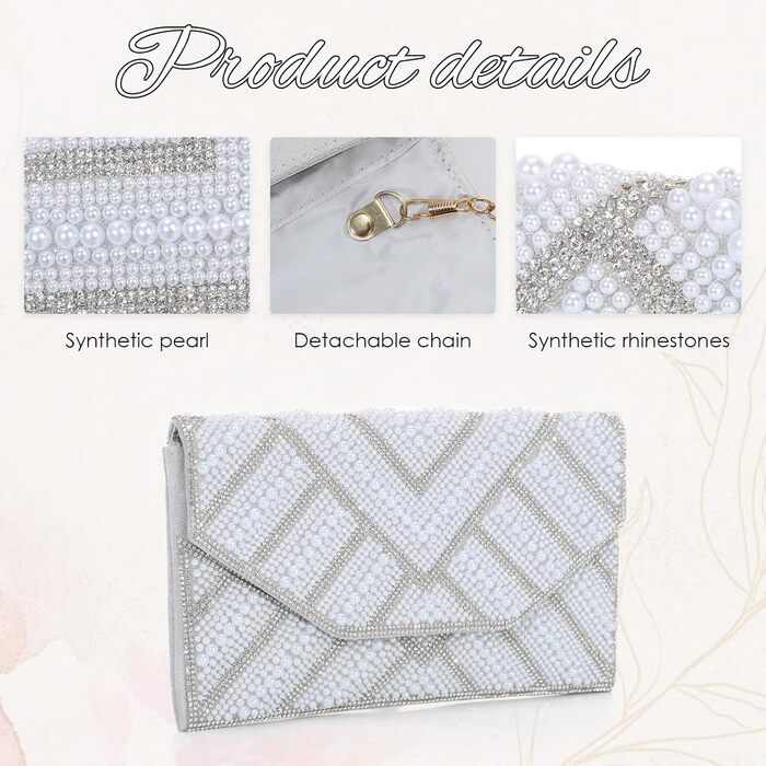 Клатч жіночий з перлами та стразами Перлина - елегантна вечірня сумочка на ланцюжку для весілля, випускного та святкових заходів, сріблястий
