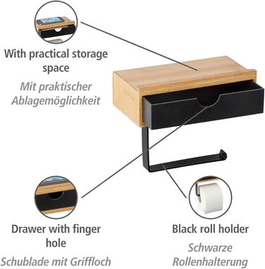 Тримач для рушників WENKO Mod. Bambusa з бамбуковою полицею та шухлядою, вкл. кріпильний матеріал, натуральний/чорний Одномісний