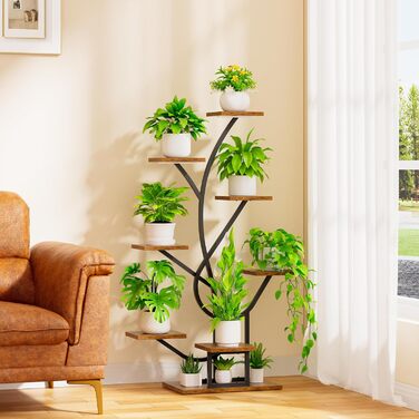 Підставка для рослин з лампою для вирощування - 8-ярусна підставка для квітів 126 см, полиця для рослин з металу та дерева - Квіткові драбини для приміщень та вулиці - Декоративна чорна квіткова підставка для балкону в приміщенні