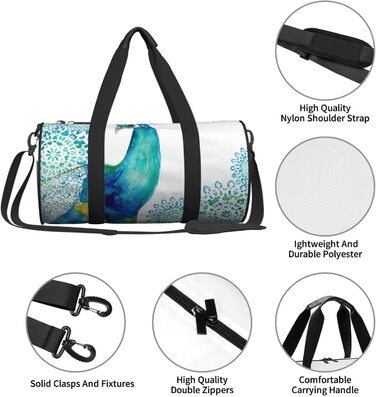 Спортивна сумка для подорожей, стильний принт з павичами та квітами, сумка на нічліг, чорний колір, універсальний розмір