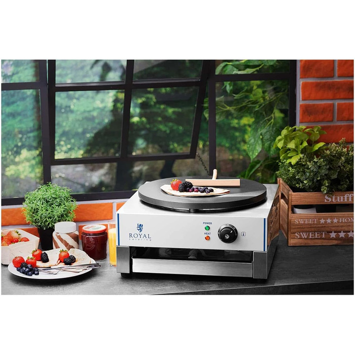 Млинниця Royal Catering RCEC-3000-E (Ø 40 см, 3 000 Вт, чавун з емальованим покриттям, нержавіюча сталь, висувний лоток розподільник тіста)