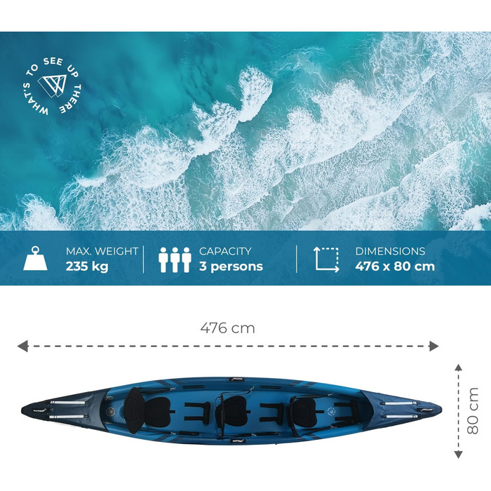 Надувний каяк Wattsup серія Torpedo, 3-місний 476 x 80 см (15&396 x 31 дюйм) 100 високий тиск/крапельний стібок повний комплект весло з двома сидінням, насос, сумка для перенесення до 235 кг синій