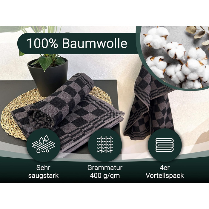 Набір з 4 бавовняних кухонних рушників розміром 50x50 см - добре поглинають вологу та зносостійкі - можна прати при температурі до