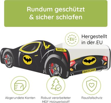 Дитяче ліжко-автомобіль Kids Collective 80x160 см із захистом від падіння Дитяче ігрове ліжко Бетмен, Бетмобіль, Бетменська машинка, чорного кольору, матрац опціонально Для дітей віком від 3 до 10 років, 80x160 см Матрац не входить до комплекту