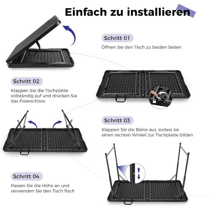 Складаний стіл 120 см портативний, регульований по висоті кемпінговий стіл, садовий стіл обідній стіл святковий стіл складний, зовнішній/критий, чорний