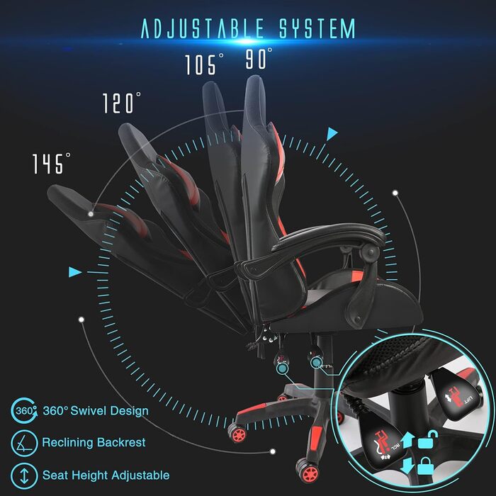 Ігрове крісло Todeco, масажне з підсвічуванням, світлодіодне гоночне крісло, ігрове крісло, ергономічне офісне крісло, регульована спинка, регульована висота, поворотне крісло з підголівником та поперековою подушкою, червоне