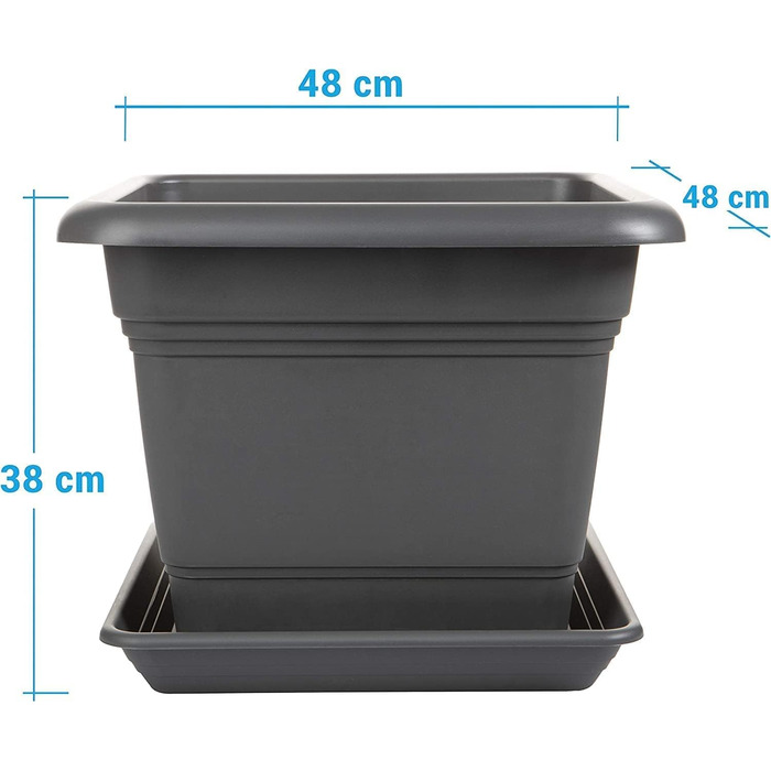 Набір з 4 рослинних горщиків XXL, 48 см, антрацит, великі пластикові квіткові горщики, вуличні горщики, стійкі до ультрафіолету, морозостійкі, зроблені в Німеччині, з дренажним блюдцем.