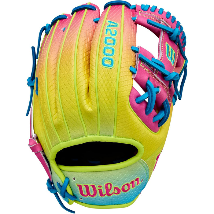 Бейсбольні рукавички Wilson Autumn 2025 A2000 сині/оптично-жовті/рожеві для внутрішнього поля - 11,5 футів для кидка правою рукою