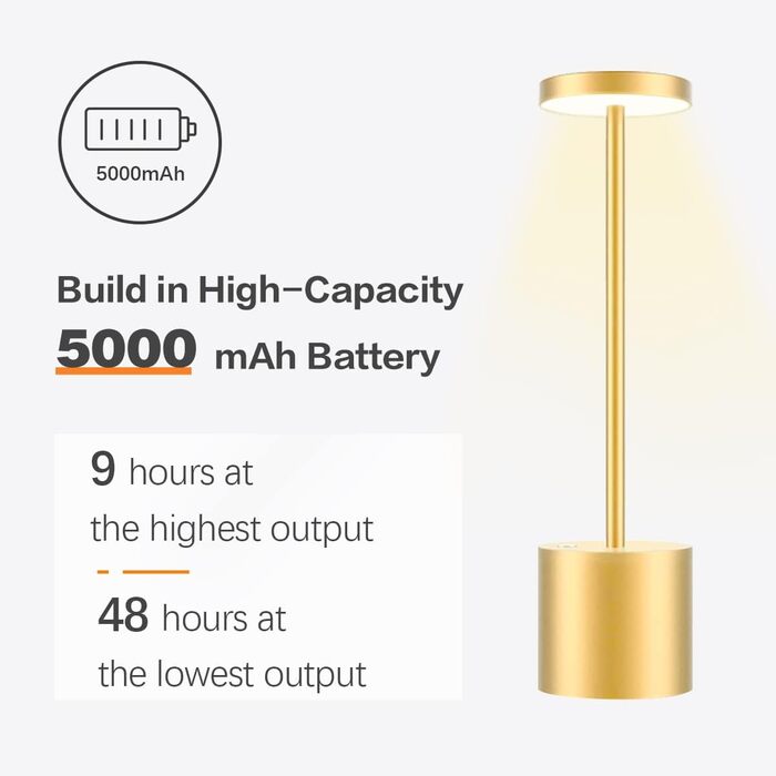 И Світлодіодна настільна лампа бездротова, 5000 мАг бездротова настільна лампа з можливістю затемнення, алюміній, 3 колірна температура, акумуляторні сенсорні настільні лампи для зовнішнього внутрішнього приліжкового столу Обідній стіл Патіо-бар - золото 