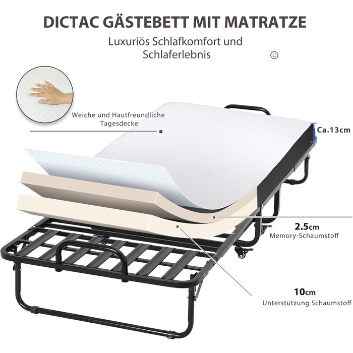 Розкладне ліжко DICTAC 90x200 см для дорослих з матрацом з піни з ефектом пам&39яті приблизно 13 см Гостьове ліжко Розкладне металеве каркасне розкладне ліжко з колесами Дорожнє ліжко Розкладне металеве ліжко Стабільне навантаження до 200 кг Розкладне ліж