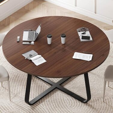 Круглий обідній стіл LVB, сучасні кухонні столи з дерева та металу, невеликий обідній стіл у промисловому стилі для 4-6 осіб, коло, журнальні обідні столи для дому, кухні, вітальні, горіх, 130 см (130 130 75 см)