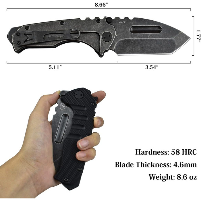 Складаний ніж Tanto з кліпсою, гострий кишеньковий ніж з лезом зі сталі 440C, чорна рукоятка G10, склобій, подарункова коробка - К