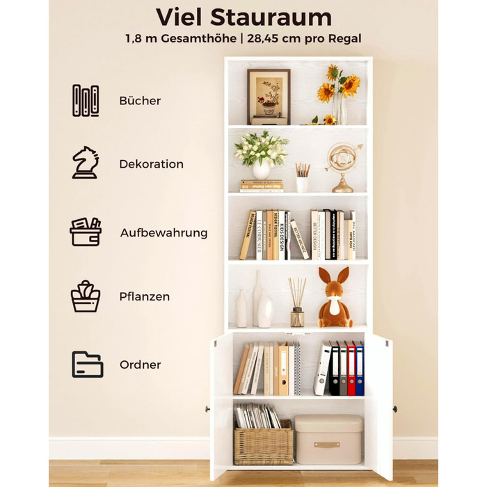 Книжкова шафа IRONCK з дверцятами, 6-ярусна полиця, висота 180 см, дерев&39яна окремостояча полиця, відкрита полиця для зберігання речей для кабінету, офісу, вітальні, спальні (біла)