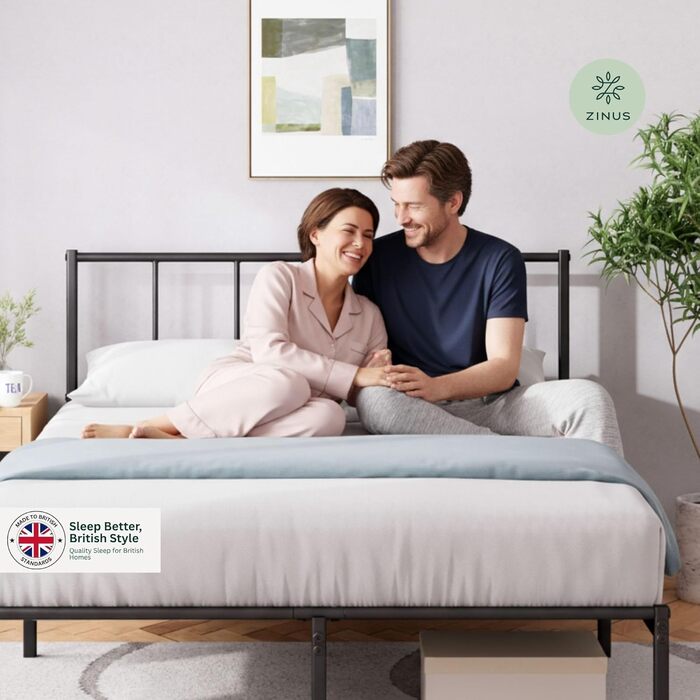 Каркас двоспального ліжка ZINUS Justin - Ліжко 190x135 см - Висота 35 см - Металевий каркас ліжка з узголів&39ям - Каркас ліжка-платформа зі сталевою рейковою опорою - Сучасний дизайн - Легке складання - Чорний 190 x 135 см