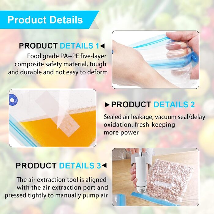 Вакуумні пакети для харчових продуктів набір вакуумних мішків, багаторазові вакуумні пакети з 1 ручним насосом, вакуумні пакети без BPA, пакети для вакуумного пакування Пакети Sous Vide Set (22x21 см * 5 26 x 28 см * 5 30 x 34 см *5), 15 шт.