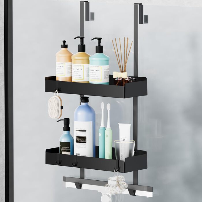 Підвісна полиця для душу, органайзер для скляних душових дверей, тримач для шампуню, кошик для душу без свердління, чорний, з 8 гачками, нержавіюча сталь 65.5x30x11.2 см