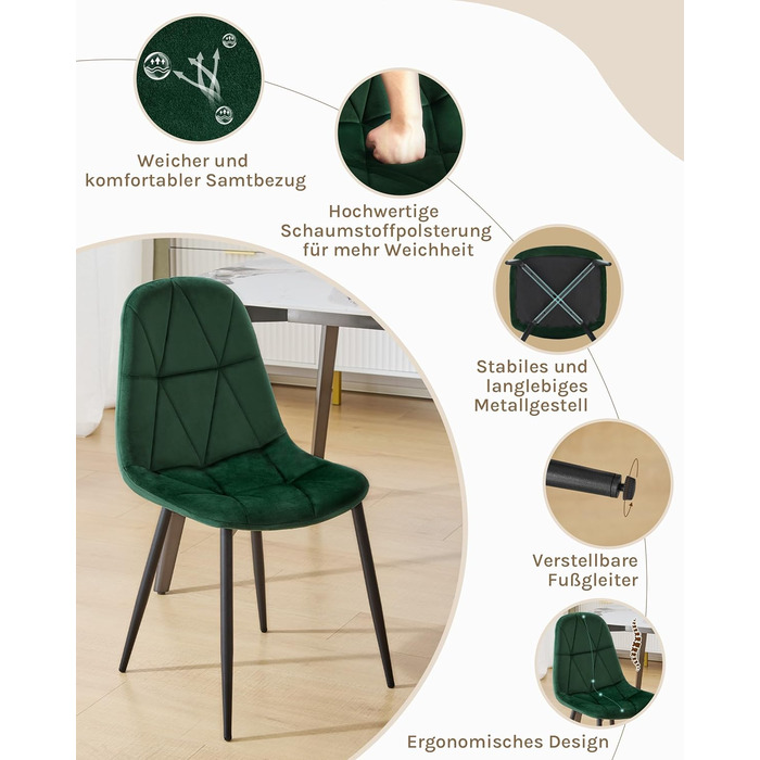 Обідні стільці Lestaraiin, комплект з 4 шт. зі спинкою, для їдальні, кухні, вітальні, м&39які кухонні стільці з оксамитовою оббивкою, виготовлені з металу, ергономічний дизайн, темно-зелений.