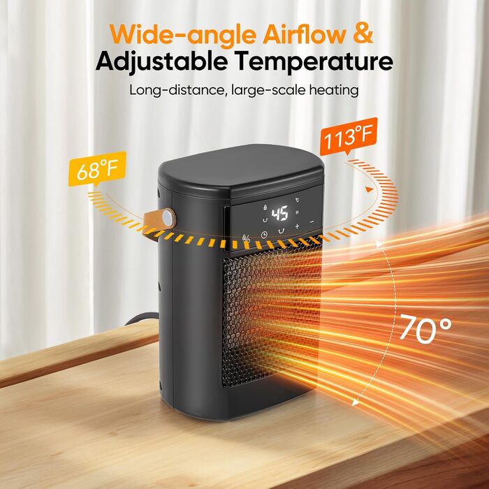 Тепловентилятор з пультом дистанційного керування, 1500 Вт, 3 режими нагріву, 12-годинний таймер, коливання 70, PTC-тепловентилятор, енергозбереження, захист від перегріву та перекидання, портативний та тихий, для дому та офісу