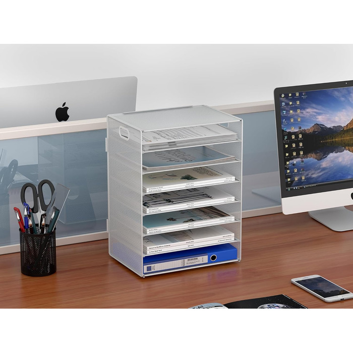Металевий офісний органайзер EasyPAG A4 з 7 відділеннями, тримач для документів, лоток для файлів, тримач для журналів, лоток для листів, органайзер для паперових журналів, білий, 33,5 x 24 x 43,5 см