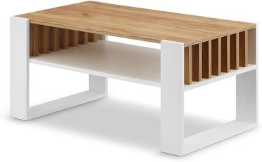 Журнальний столик для дивана Невеликий журнальний столик з білого дуба з місцем для зберігання Сучасний журнальний столик з рейками Журнальний столик Невеликий столик Журнальний столик 92 см Міцний журнальний столик, білий дуб