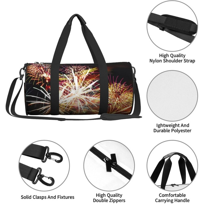 Спортивна сумка, дорожня сумка, стильний принт Феєрверк, сумка для подорожей на ніч, чорна, універсальний розмір