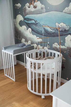 Дитяче ліжко Waldin Oval, комплект трансформованого 7-в-1, ліжечко, дитяче ліжко з матрацом, пеленальний столик, приліжкове ліжечко, дерево білого кольору, комплект тканини не входить до комплекту