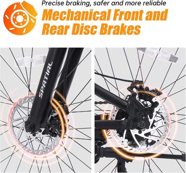 Гірський велосипед SPATIAL 29/27,5/26/24 дюймів, велосипед для активного відпочинку, 2 1/8 передачі, алюмінієва рама Подвійні дискові гальма, регульоване ергономічне сідло для чоловіків, жінок, підлітків, чорний 24 дюйми