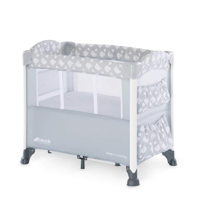 Ліжечко-колиска Hauck Baby Sleep N Care Plus Travel Bed Crib, від народження до 9 кг, з відкидною бічною панеллю, відділенням для зберігання та 2 кишенями, компактно складається, включаючи сумку для перенесення складну основу (Teddy Grey) Sleep N Care Plu
