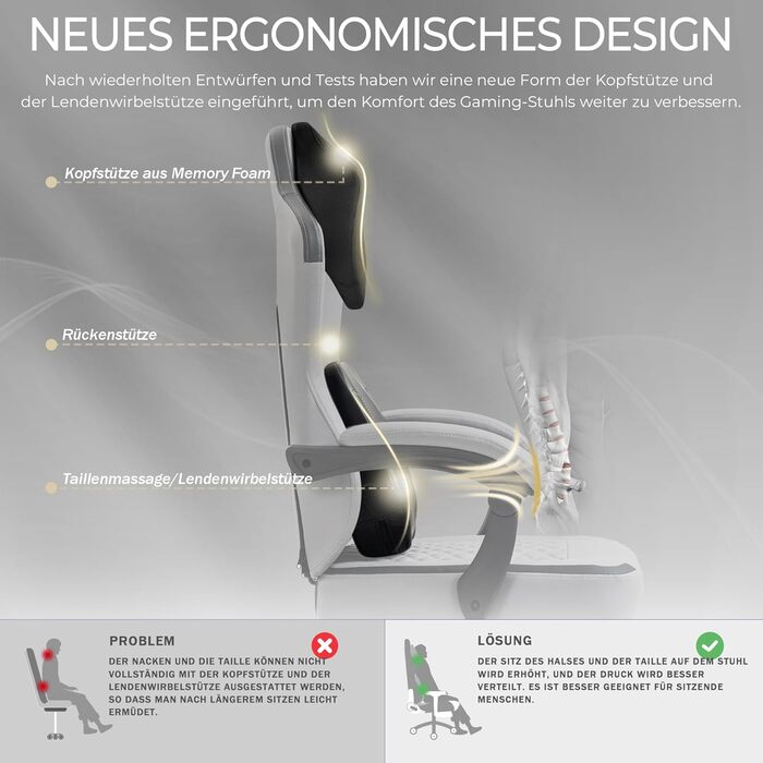 Ігрове крісло з підігрівом та масажною поперековою опорою, ергономічне ігрове комп&39ютерне крісло з пружинними подушками та підставкою для ніг, крісло для ПК з високою спинкою та відкидним кріслом для дорослих, сірий колір