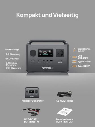 Портативна електростанція AFERIY AF-P040 потужністю 400 Вт, акумулятор LiFePO4 ємністю 256 Втгод, швидка зарядка 1,2 години, кілька портів, ДБЖ, сонячний генератор для кемпінгу, надзвичайних ситуацій