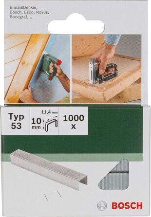 Акумуляторний степлер Bosch PTK 3.6 LI (вбудований акумулятор, 3.6 вольт, 30 ударів/хв, у металевому корпусі) та скоби (тип 53, довжина 10 мм) (1000 штук), 1 упаковка