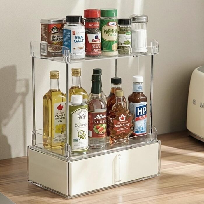 Рівневий органайзер для макіяжу Kousee з шухлядою зберігання косметики, великий органайзер для туалетного столика, місце для зберігання у ванній кімнаті з протиковзким дизайном (кремовий), 3-