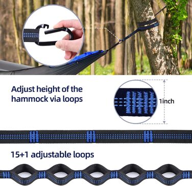 Гамак з москітною сіткою, 300 x 180 см Відкритий гамак Sportneer вантажопідйомністю 200 кг Кемпінговий гамак, гамаки з 2 карабінами преміум класу, 2 нейлоновими стропами, включаючи темно-синій сірий