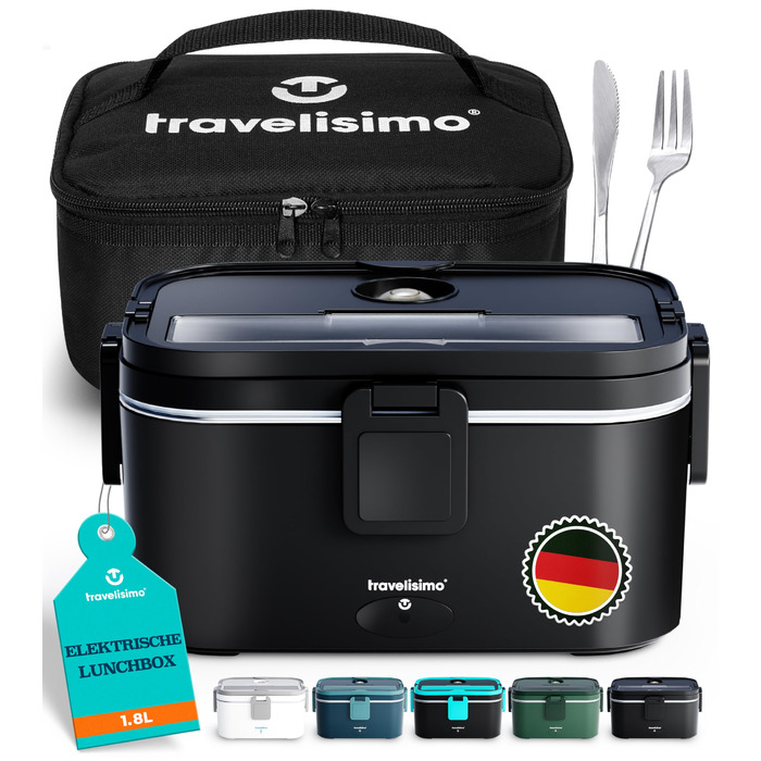 Електричний ланч-бокс TRAVELISIMO XXL надзвичайно великий 1,8 л 100 Вт, підігрівач для ланч-боксів 3-в-1 12 В/24 В/220 В, для роботи, автомобіля, вантажівки, електричний ланч-бокс та підігрівач їжі, чорний