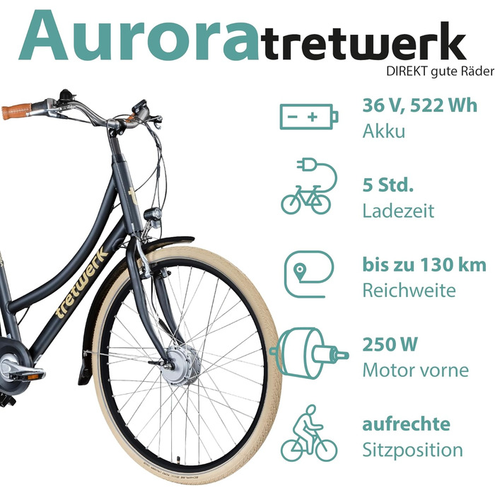 Електричний велосипед Tretwerk Aurora 28 дюймів Pedelec Жіночий Чоловічий 155-185 см 522 Wh Жіночий електровелосипед 7 швидкостей Чорний 50 см