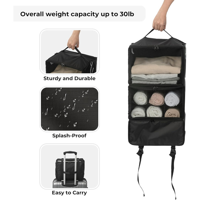 Підвісний органайзер для валізи з 3 відділеннями, складаний органайзер для гардеробу, портативна дорожня полиця, чорний підвісний органайзер-шафа, портативний підвісний дорожній органайзер середнього чорного кольору