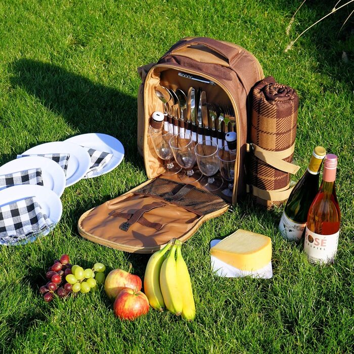 Рюкзак для пікніка CampFeuer для 4 осіб Сірий Набір для пікніка з 32 предметів Включає тримач для пляшок та флісову ковдру, велике відділення-холодильник, посуд та столові прибори Рюкзак для походів, рюкзак для кемпінгу