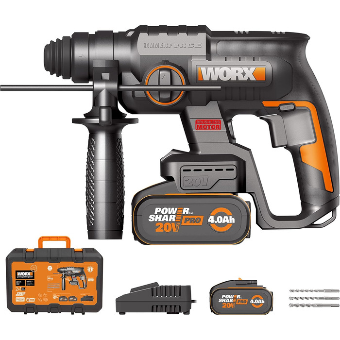 Акумуляторний перфоратор WORX NITRO 18V (20V MAX) WX381.2, PowerShare, безщітковий двигун, SDS Plus, макс. Енергія удару 2,0 Дж, 3 функції, антивібрація, 2 шт. акумуляторів 4Ач у комплекті