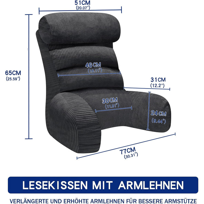 Подушка для читання для ліжка та дивана, подушка для спини ліжка, подушка для читання зі спинкою для дорослих, зручна для сидіння, читання та перегляду телевізора на підлозі або дивані (вугільна, 65 * 30 см)