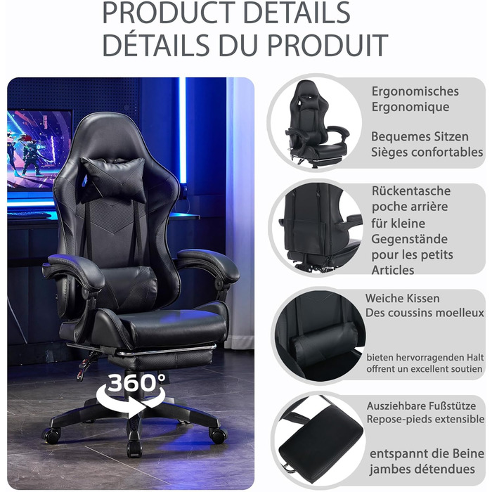 Шкіряне ігрове крісло, поворотне на 360 та ергономічне, з підголівником, поперековою опорою та підставкою для ніг, чорне