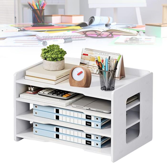 Лоток для листів формату А4, органайзер для офісу, лоток для акуратного зберігання паперу формату А4, ручок, книг, листів, документів, тримач для документів (білий - 4 відділення)