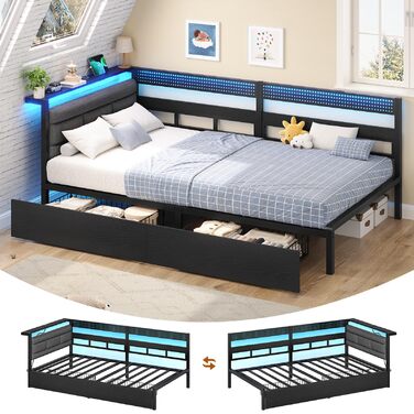 М&39який диван-ліжко 90x200 зі світлодіодним освітленням, зарядною станцією, кушеткою, дитячим ліжком з 2 шухлядами та металевим рейковим каркасом, м&39яким узголів&39ям з відкритим місцем для зберігання, чорний 90 x 200 см