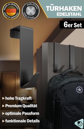 Дверні гачки Menz Premium в комплекті з 6 шт. - Чорні дверні гачки для підвішування з високою несучою здатністю - Функціональні дв