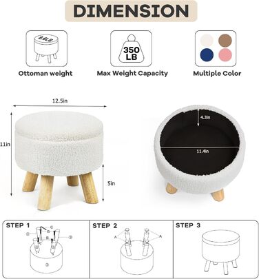 Пуф-підставка для ніг, маленький круглий пуф з місцем для зберігання, пуф з букле плюшевого оксамиту з дерев&39яними ніжками, м&39який пуф з місцем для зберігання для вітальні, спальні, (кремовий) (кремовий)