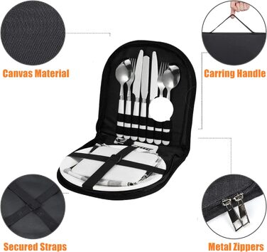 Портативний набір столових приборів для кемпінгу LATERN з 12 предметів, органайзер для кемпінгового посуду, столові прибори з нержавіючої сталі для пікніка, харчові дорожні столові прибори для 2 осіб, для піших прогулянок на свіжому повітрі, для використа
