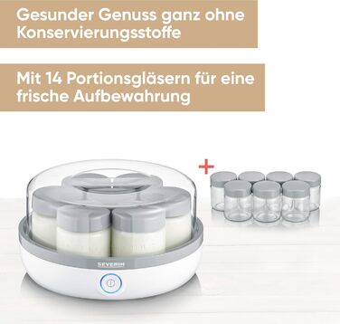 Йогуртниця SEVERIN, йогуртова машина з дисплеєм часу для приготування домашнього та веганського йогурту, містить 14 баночок для йогурту зі скляною кришкою, без BPA, JG 3520 з кнопкою