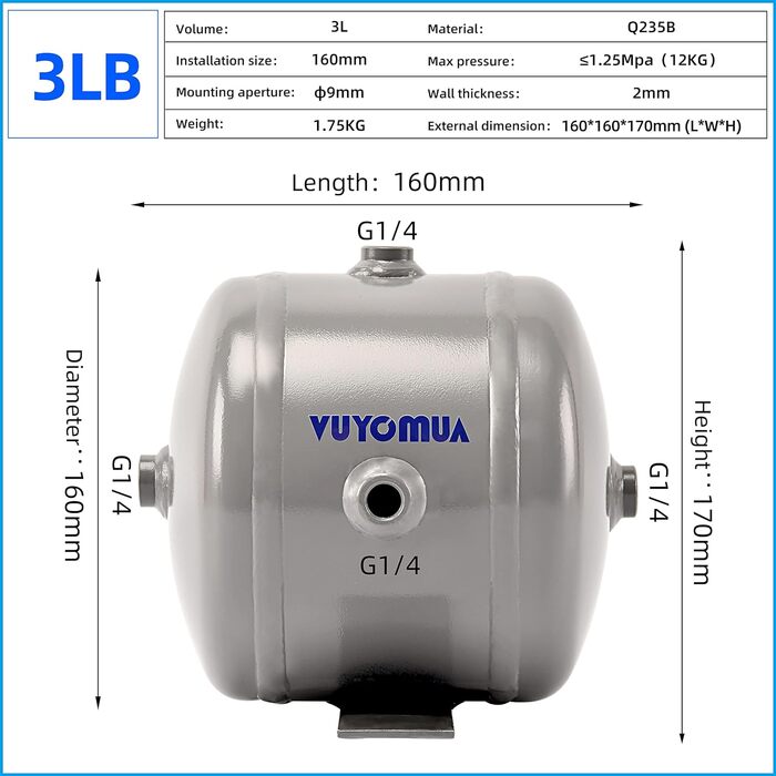 Міні-невеликий портативний повітряний резервуар високого тиску з вуглецевої сталі Резервуар для зберігання повітря (3LB-CG)