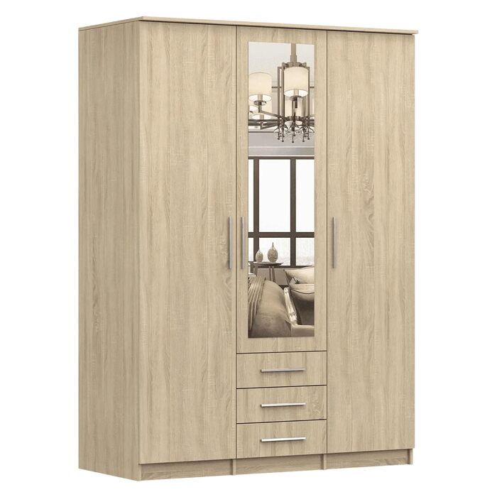 Шафа з дзеркалом, 2 двері, 3 шухляди - Шафа з орними дверима - Шафа для спальні - 64 x 150 x 210 см - Шафа для вітальні - Вішалка для одягу, Шафа Sonoma 3D Sonoma/Sonoma